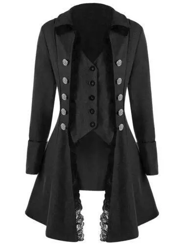 Women Steampunk Victorian Gothic Coat Jacket Lace Trim Tailcoat Medieval Dress - Picture 10 of 12