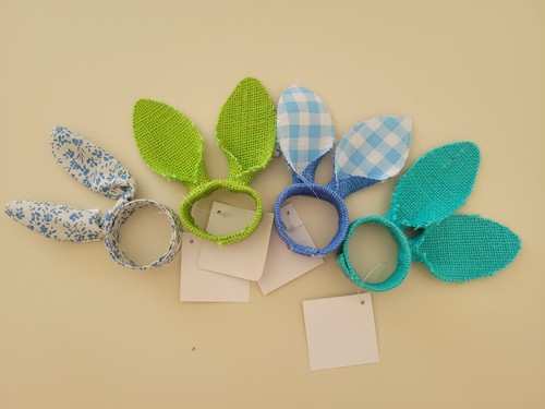 NWT BUNNY RABBIT BURLAP EARS NAPKIN RINGS Green Blue Teal Floral garden ...