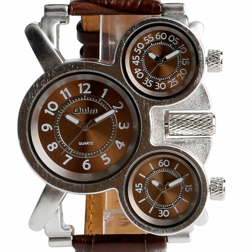 Oulm Quartz Watches 3 Time Zone Big Face Dial Leather Strap Steel Case Watch - Picture 10 of 15