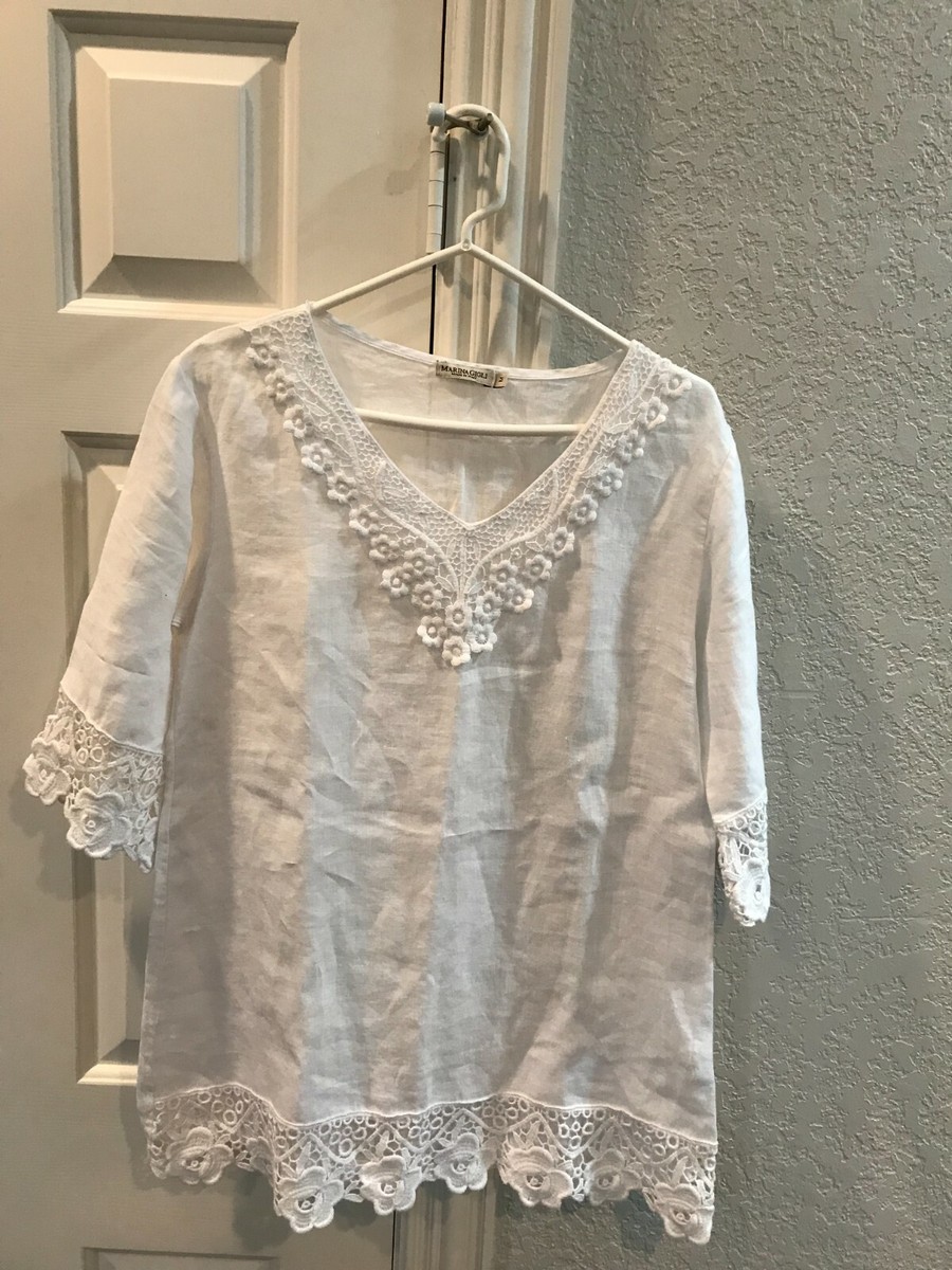 MARINA GIGLI White LINEN Women's Size M Cotton Lace 3/4 Sleeve Tunic Top  ITALY | eBay