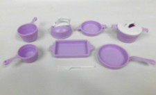 Vintage 1980's Barbie Kitchen Cookware Purple White Lot of 9 Pots Pans Teapot