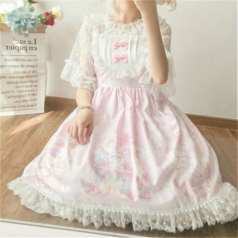 Ladies Girl Lolita Dress Kawaii Jumper Skirt Lace Cute Pleated