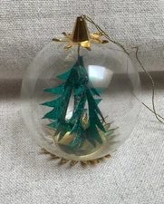 Vintage RESL LENZ Germany Diorama Green Christmas Tree Beads Ornament Foil