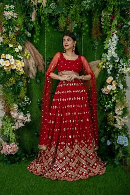 Bollywood Style Georgette Red Lehenga Choli Dupatta For Engagement Wear