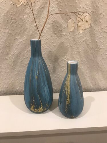 2er Set moderne Vasen blaugrau-gold marmoriert, Keramik, 24 + 18  cm, neu - Bild 1 von 3