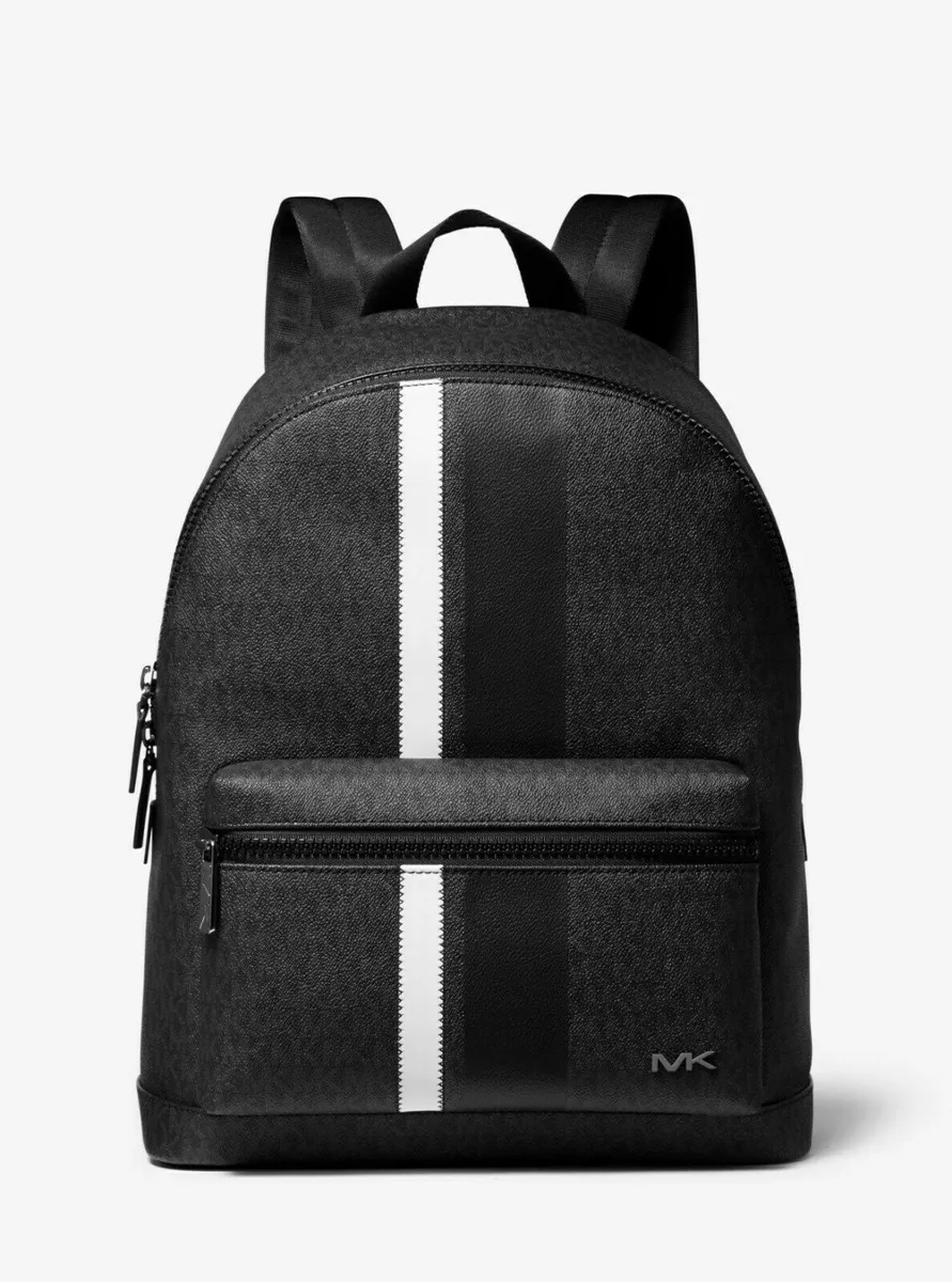 NEW Michael Kors Rare Men s Backpack Bag BLACK Signature Logo White Stripe