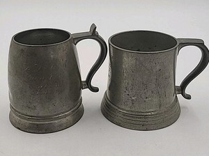 2~Vintage Reed & Barton Pewter Tankard Mugs #124,#232 Glass Bottoms Engraved 