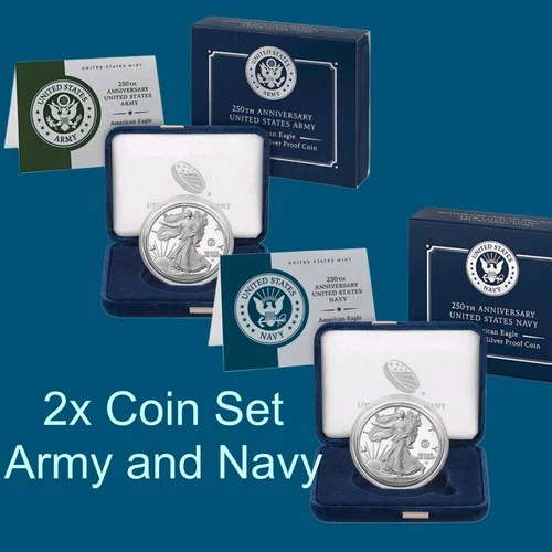 2x Coin Set 2025 W & S Proof $1 American Silver Eagle ( Army & Navy) Privy 250th