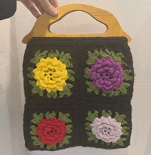Vtg Granny Square Crochet Handbag Flower Sewn Liner Wood Handle Boho Purse 70s