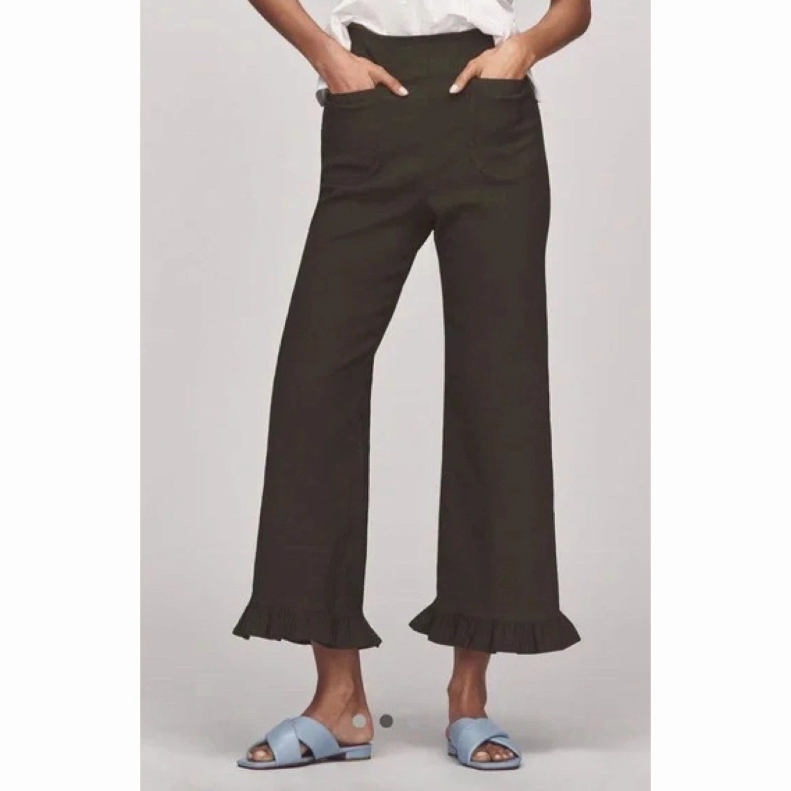 Anthropologie Maeve Colette Magic Fabric Ruffle Hem Crop Wide-Leg Pants 28 Green