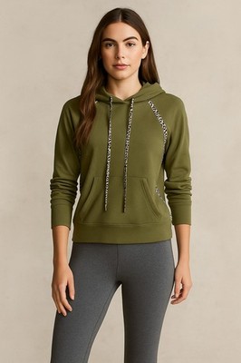 Hale Bob NWT Leopard Trim Hoodie Olive Green Viscose Blend Size M Style 17NY7425