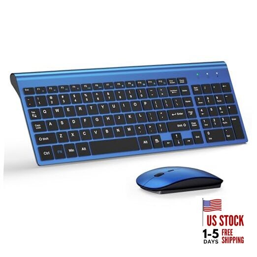  Wireless Keyboard and Mouse Ultra Slim Combo, 2.4G Silent Compact Blue Black
