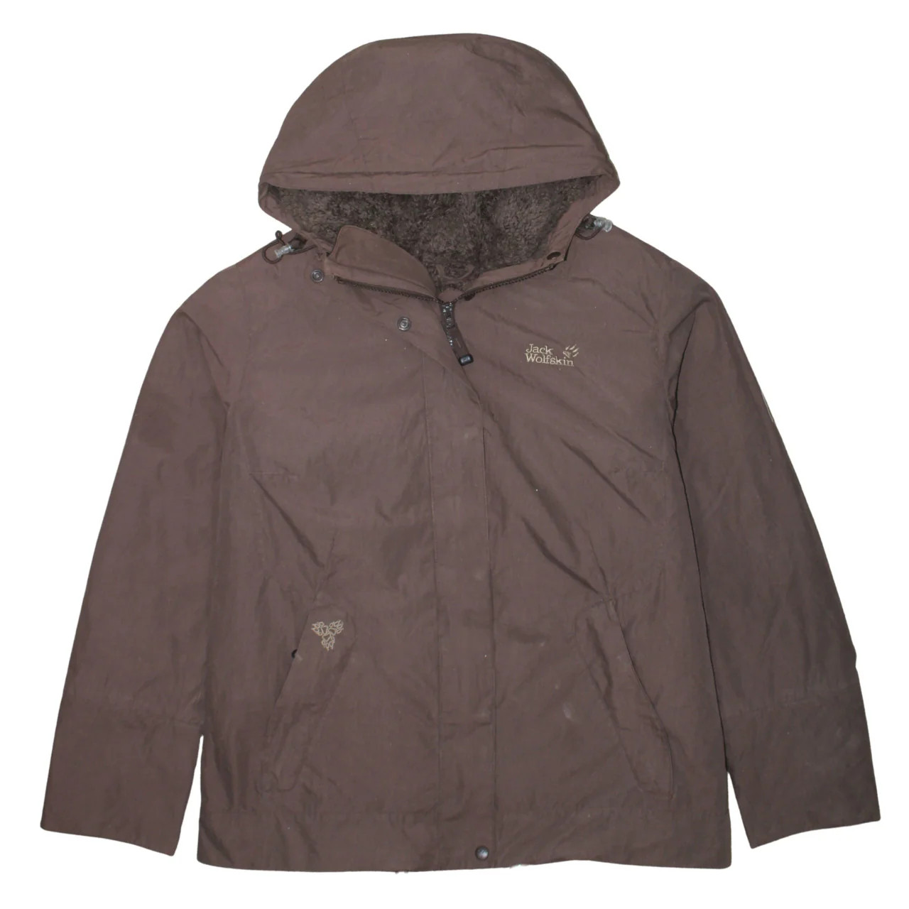 Jack Wolfskin Brown Hooded Jacket Women’s XLarge Fleece Lining Embroidered