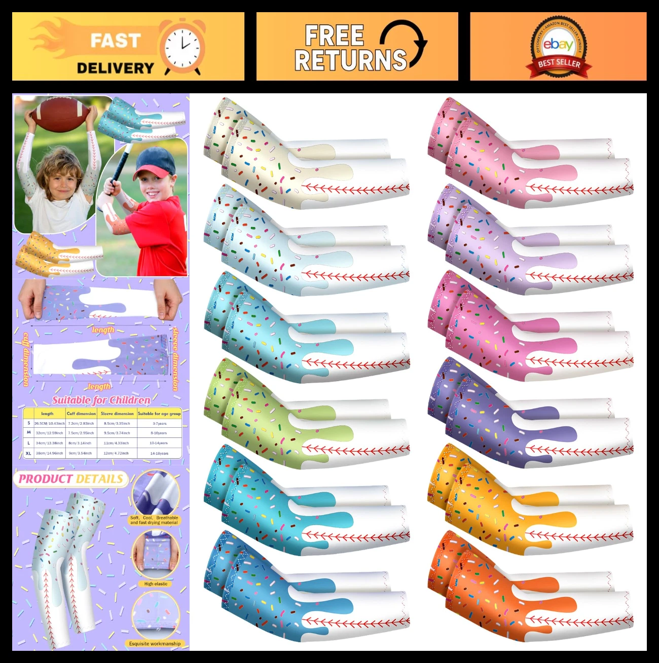12 Pairs Kids Compression Arm Sleeves - UV Protection, Breathable, Cooling for S