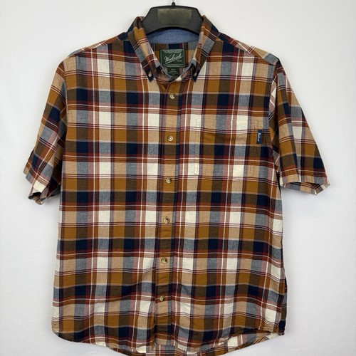 Woolrich Shirt Men L Brown\Orange Plaid Fall Short Sleeve Cotton Button Up - 第 2/7 張圖片