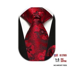 Men Floral Ties Woven Classic 3.4" Necktie Set Formal Tie Pocket Red Floral-1