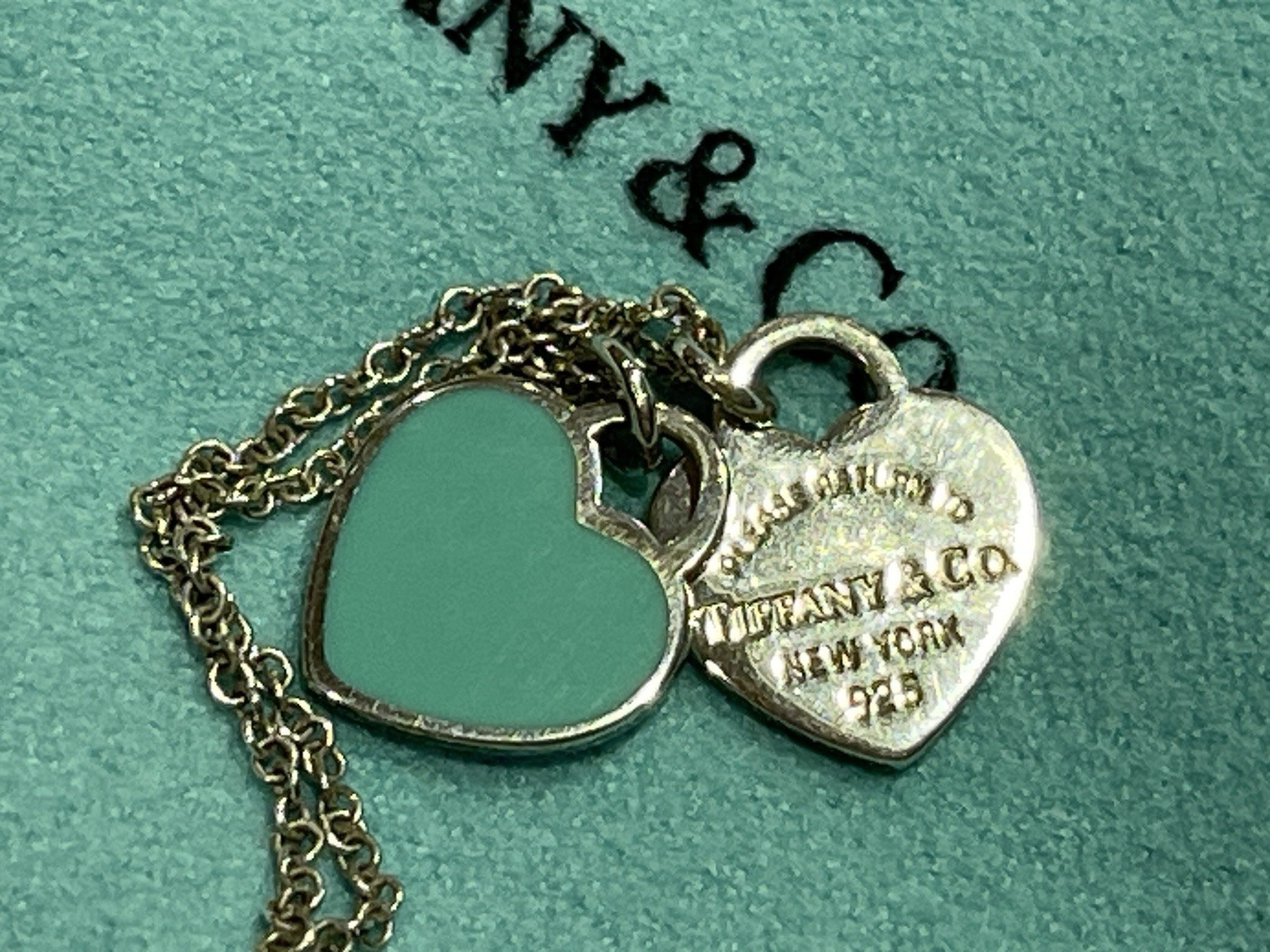 Tiffany & Co. Sterling Silver 925 Blue Enamel Double Heart Necklace