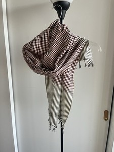 New Linen Blend Wrap Stole Scarf Navy Blue White Checkered Made In Cambodia 🇰🇭