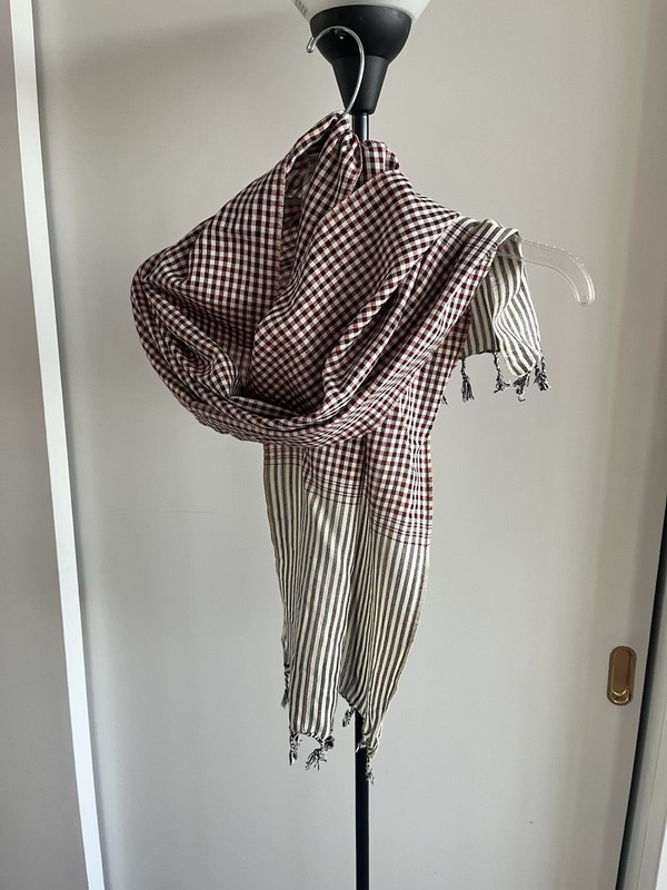 New Linen Blend Wrap Stole Scarf Navy Blue White Checkered Made In Cambodia 🇰🇭