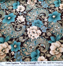 1 1/2 Yds Fabric Traditions 2007Brown Teal Green Floral &Gold Metallic Highlight