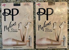 TWO PAIR PRETTY POLLY BRILLANT NYLON STOCKINGS BARELY BLACK  SHERRY GLOSSY NEW 