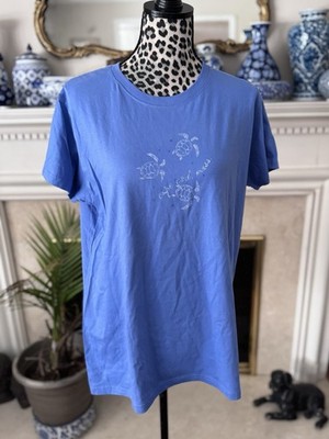 Cuffy's Cape Cod Women's Short Sleeve Shirt Turtles Cotton Blue Size L Turtles