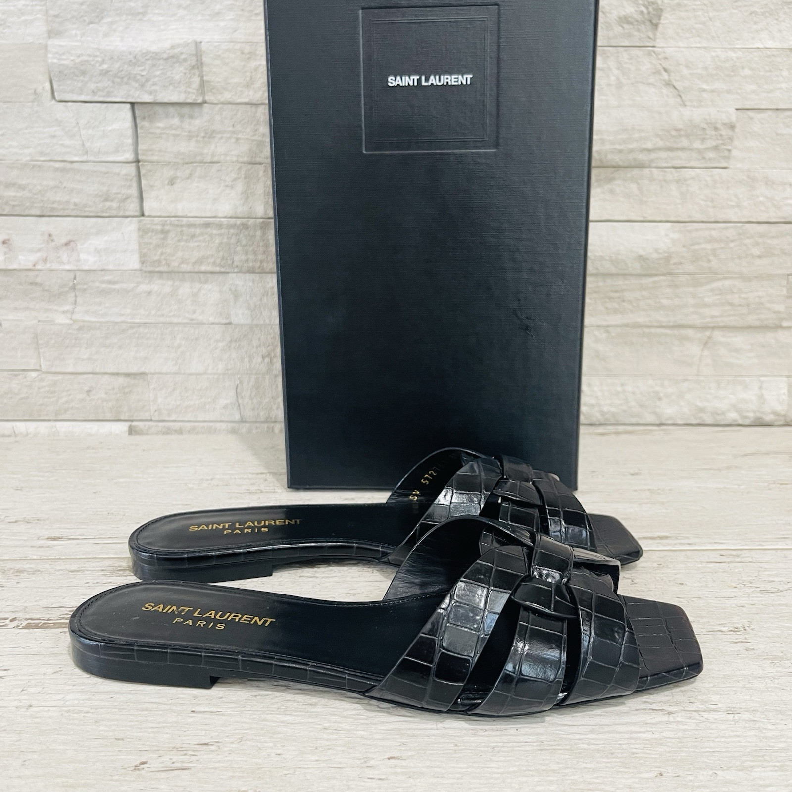 SANDALI SLIDES SAINT LAURENT YSL TRIBUTE NU PIEDS neri croc goffrati taglia 37