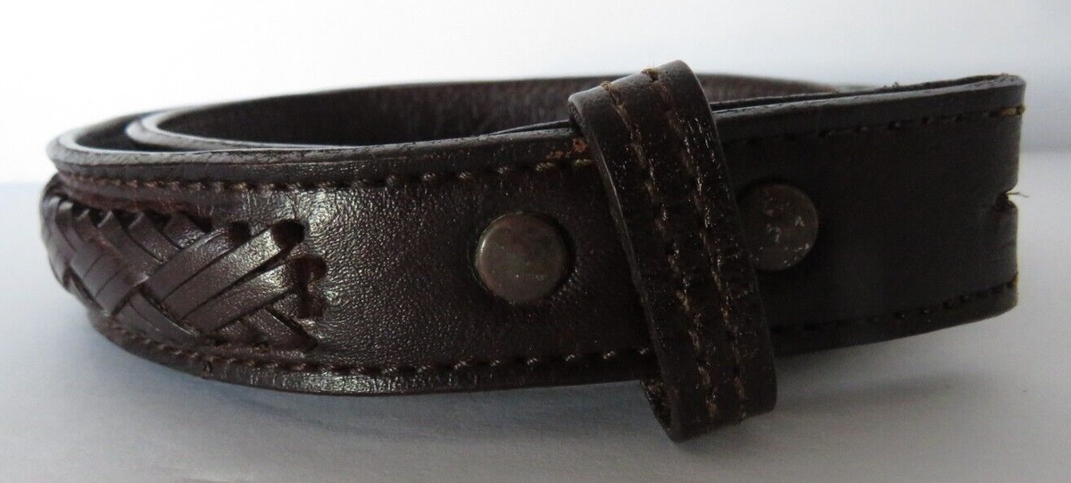 Brown leather belt with X-weave crisscross stitched along the strap. Aztec Cross Stitch Belt with Antique Nickel Buckle - w.kleinberg main image 3