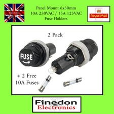 2 Qty Black Panel Mount 6x30mm Fuse Holder & Free Fuses UK Seller