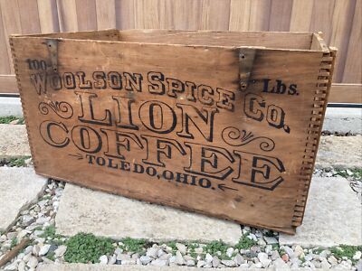XL Vintage Wooden Crate Woolson Spice Lion Coffee Toledo Ohio Wood