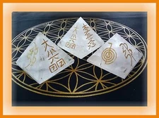 LARGE QUARTZ CRYSTAL PYRAMID, GOLD ENGRAVED USUI REIKI SYMBOL CRYSTAL PYRAMID