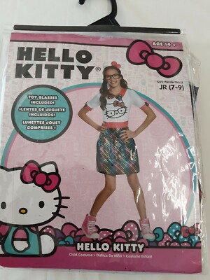Hello Kitty Girls Costume Dress W/Headband, Bow Tie Glasses, Size Jr 7-9  BNIP!