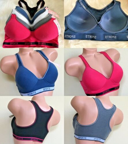 3- 6 Women's Sports Bras Yoga Racer Back Molded Cup Bra 6648 High impact workout - Picture 1 of 12