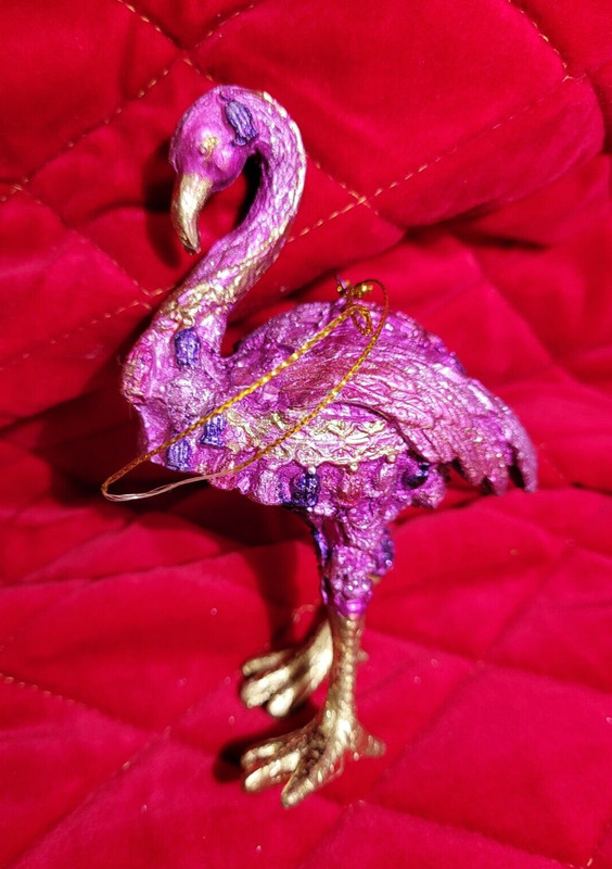 Uno Alla Volta Glittering Pink Flamingo Christmas Ornament 5" Hand Painted