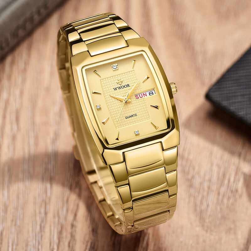 Men Luxury Stainless steel Rectangle Gold Wristwatch analog Quarts date display