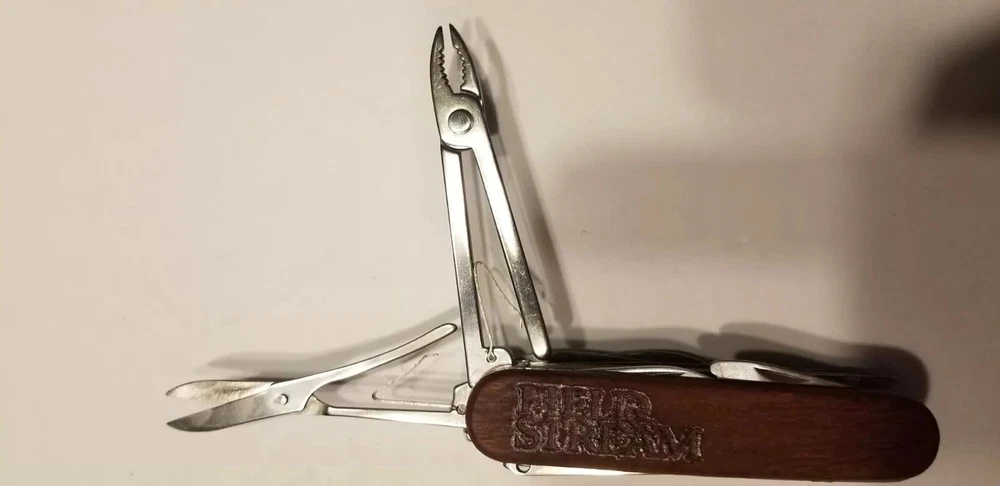 Multi-Tool Knife Wooden Handle Folding Blade Pliers Saw Scissors Field & Stream
