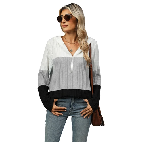 Langarm-Strickpullover Oberteil V-Ausschnitt lässig locker Kapuzenpullover für Damen UK - Bild 10 von 17