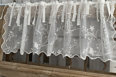 Gardine Kurz Scheiben NEW BIRD OFFWHITE Bestickt 130x40 BxL Shabby Vintage Land