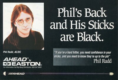 1996 small Print Ad of Easton Ahead Drumsticks w Phil Rudd of AC/DC
