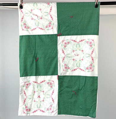 Handmade Lap Quilt Blanket Green White Embroidered Floral 32'' x 49''