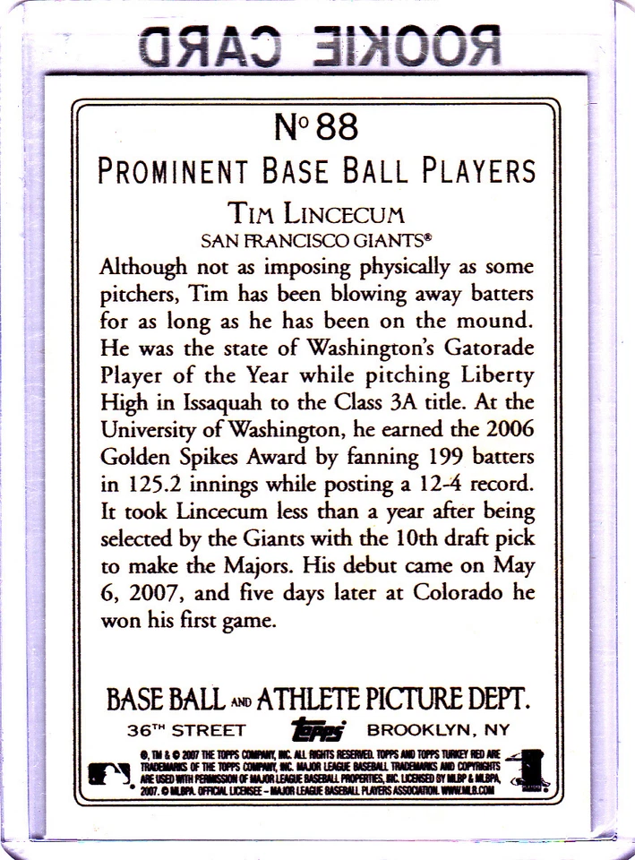 TIM LINCECUM 2007 Topps Turkey Red RC San Francisco Giants BASEBALL ROOKIE CARD - Image 2 of 2