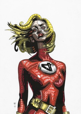 fantastic four, invisible woman, dark side, inks on a4 card hard drawn detailed 