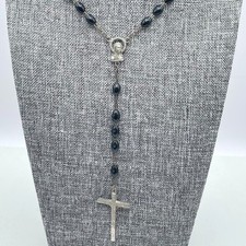 VTG Silver Tone Black Beads Rosary Crucifix Miraculous Medal Pendant Necklace
