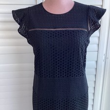 MICHAEL KORS BLACK COTTON BRODERIE LINED FLUTTER SLEEVE DRESS - SIZE L UK 14