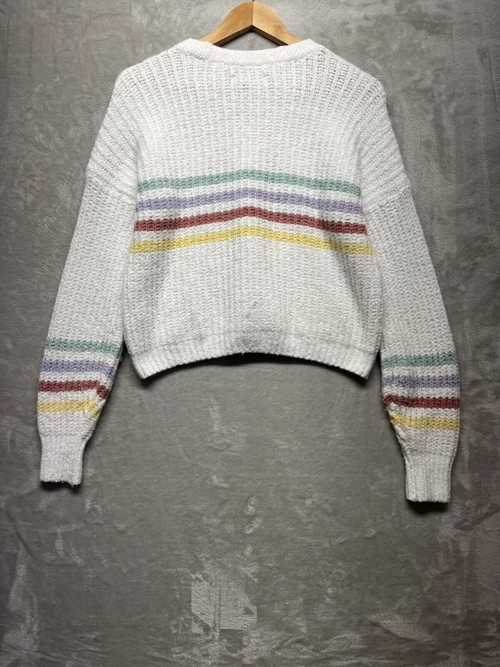 Suéteres femininos Hollister tamanho XS listrado branco manga balão gola redonda - Imagem 2 de 4