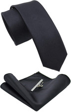 JEMYGINS 2.4" Solid Color Skinny Tie and Pocket Square with Tie Clip Sets for Me