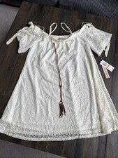 Sequin Hearts Boho Mini Dress Women’s Small Ivory Lace Off Shoulder NWT