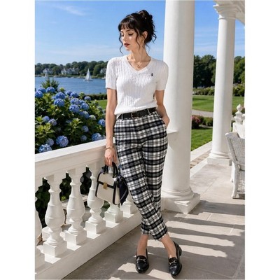 Talbots Petites Plaid Ankle Pants OP Black White Stretch Slim Career NWT Preppy