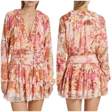 NEW Hemant & Nandita Amal Dress Peach Pink Orange Metallic Paisley Mini XS