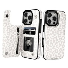 for iPhone 16 Pro Case Wallet with Card Holder Cheetah Pattern White Leopard